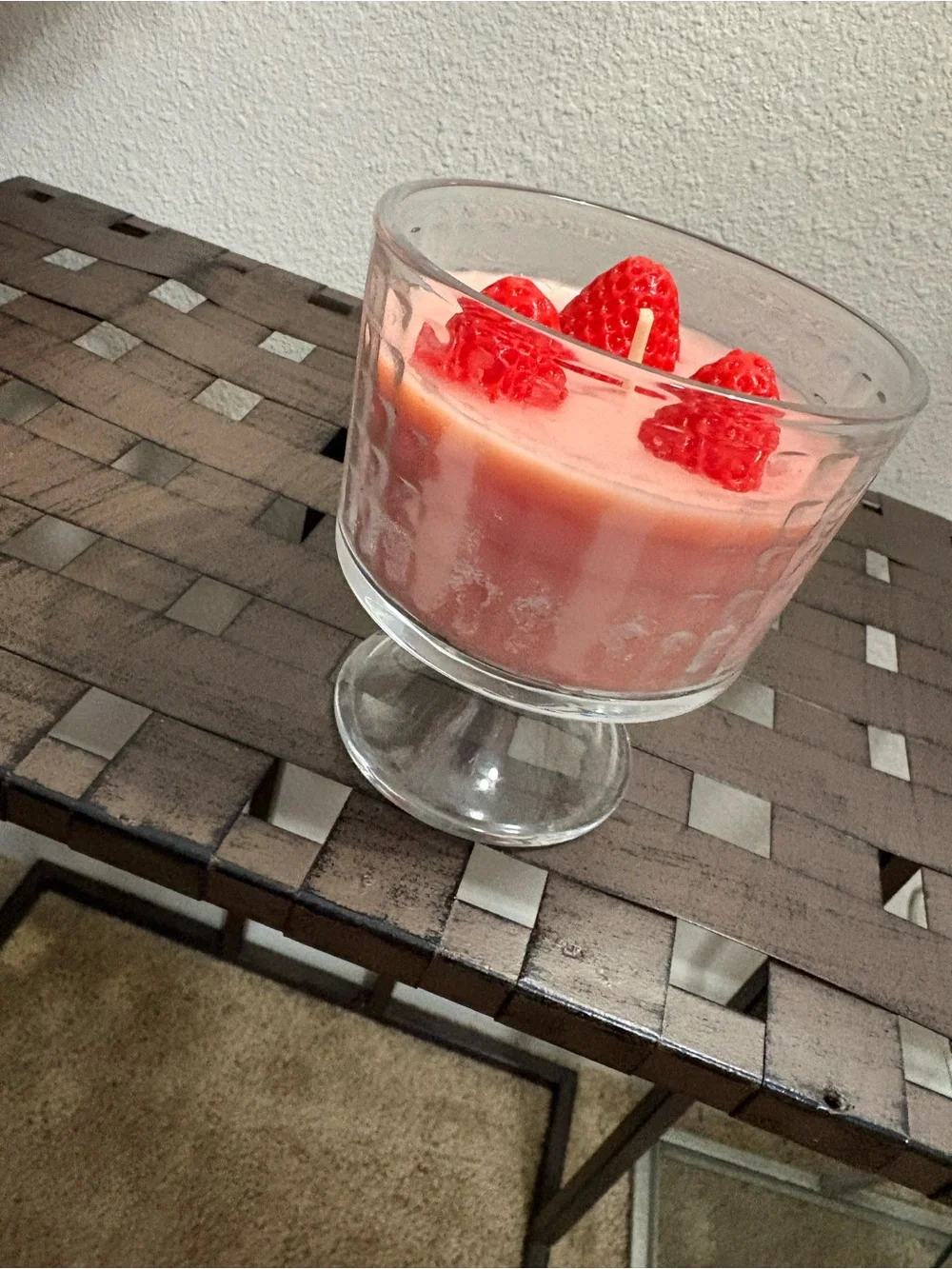 Strawberry Parfait scented pink candle in parfait dish pink w/ red strawberries